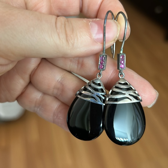 Vintage David Sigal 925 Sterling Onyx Ruby Earrings - Picture 4 of 14